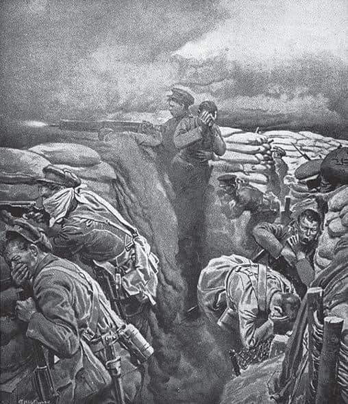 Картинка периода Первой мировой войны, изображающая эпизод газовой атаки
